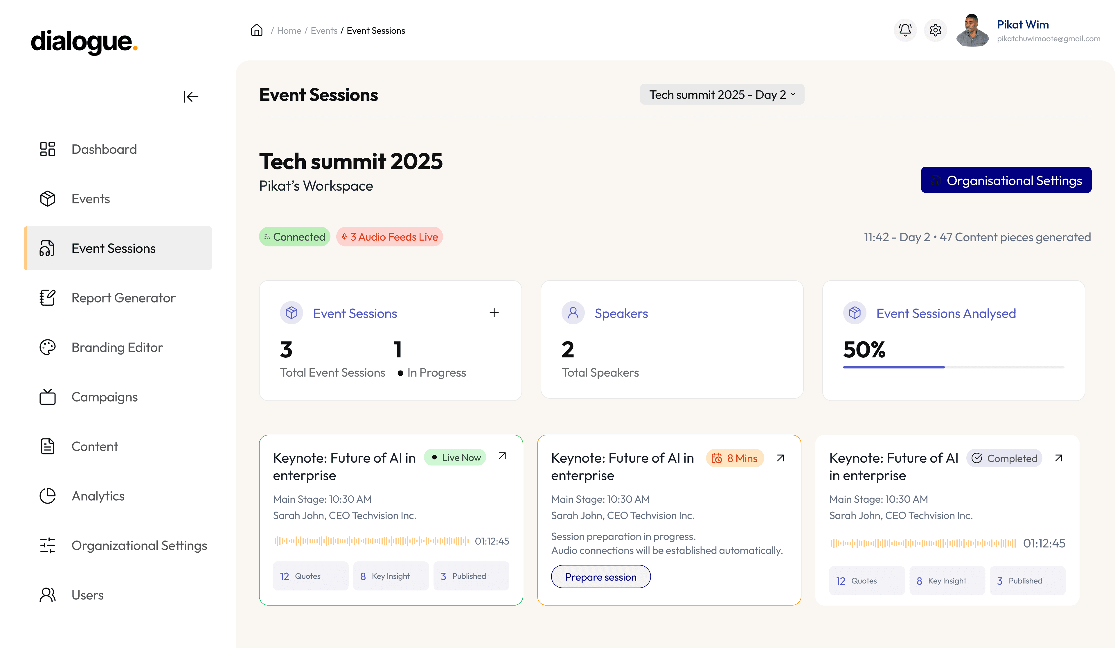 Dialogue Live product dashboard